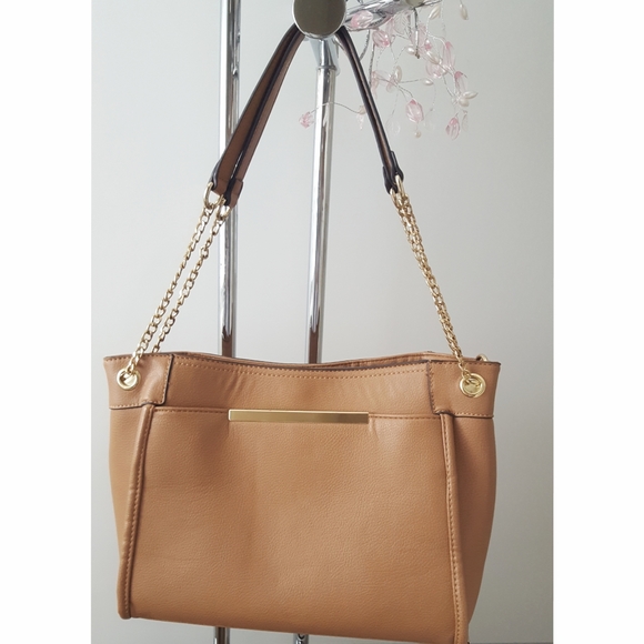 Vtg K Studio🍂Camel Brown Leather Tote shoulder Bag💛Chain Straps - Picture 1 of 15